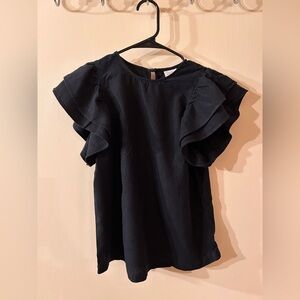 XS linen/ rayon black blouse w/ ruffled short sleeves